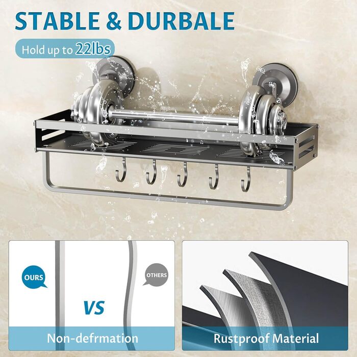 Поличка для душу Onemake з присосками, регульована, з гачками, органайзер для ванної кімнати з тримачем для рушників, матовий чорний (40 см, 1 шт.)