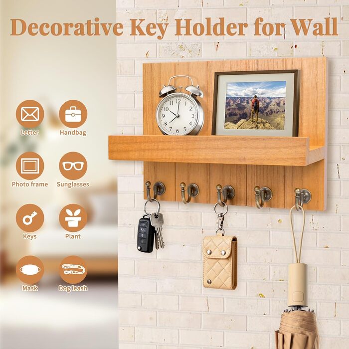 Дерев'яне ключниця з полицею, 5 гачків, для прихожей, вітальні, спальні - жовтий колір
