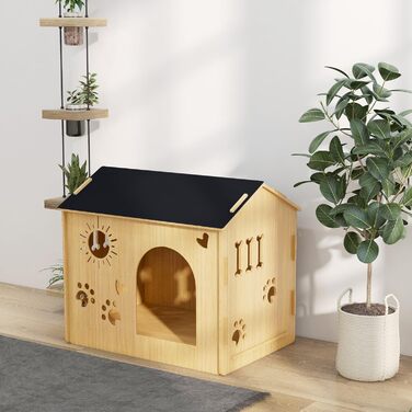PawHut Wooden Dog House - Indoor Pet Shelter with Ventilation - MDF Oak & Black - 69x50x58.5 cm