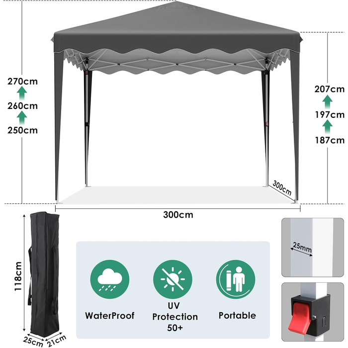 3x3 Gazebo, Waterproof Folding Gazebo Stable and Winter-Resistant, UV Protection 50+, 3x3 Folding Gazebo with 4 Side Walls, Height-Adjustable Garden Gazebo, Foldable Gazebo Tent for Camping, Parties (Gray)