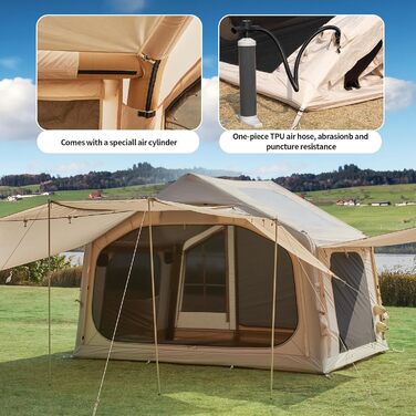 Надувний кемпінговий намет Glamping для 6-8 осіб, 2025, бежевий, з москітною сіткою та тентом 16.4*14.4 м