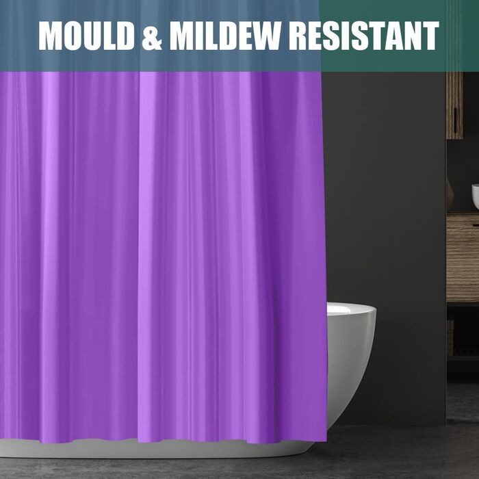 Шторка для душу URAQT, антигрибкова, водонепроникна, швидковисихаюча, 180x180 см, з 12 кільцями, для ванни, білий/базовий (фіолетовий)