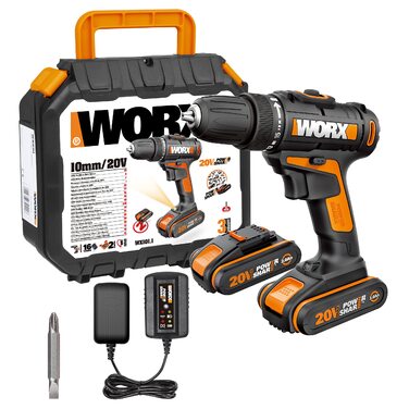 WORX WX101.9 Акумуляторний дриль-шурупокрут 20V – потужний інструмент для свердління та закручування шурупів – 2 швидкості та 15+1 ступенів регулювання крутного моменту – з LED-підсвічуванням (10 мм патрон, 30 Нм, з 2 акумуляторами та зарядним пристроєм)