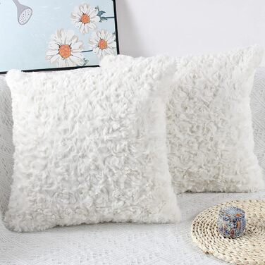 NIULAA White Faux Fur Pillow Covers 45x45 2-Pack - Luxurious Plush Cushion Covers for Sofa, Living Room, Bedroom