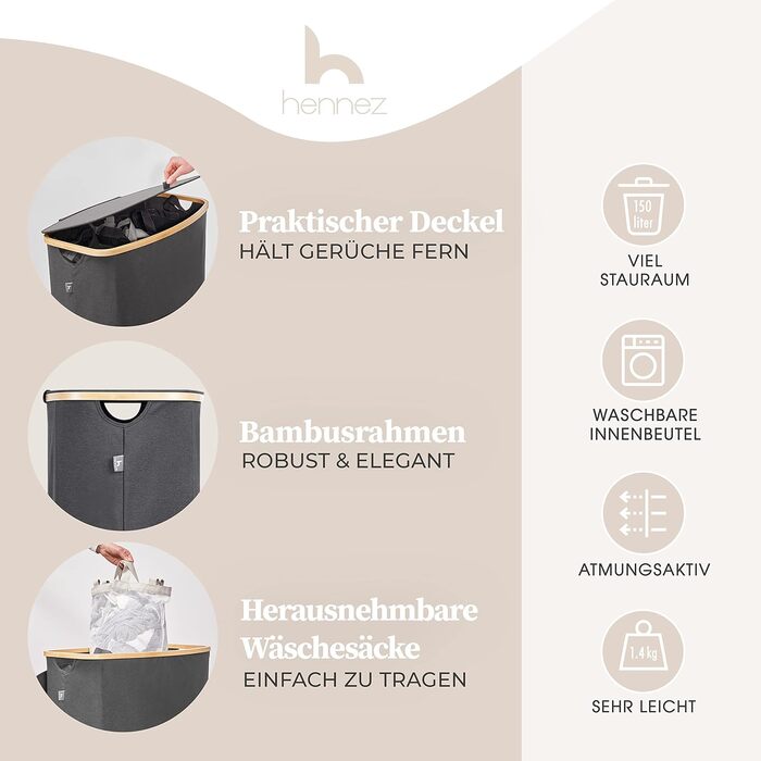 Бамбуковий кошик для білизни Hennez 150 л, 3 секції, сірий, з кришкою та мішком для сортування