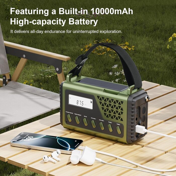 Сонячне радіо на ручку з Bluetooth, AM/FM/SW аварійне радіо з Powerbank 10000mAh, радіо на батарейках з SOS-сигналом, компас, LED-ліхтарик, лампа для читання, для відключення електроенергії, виживання, кемпінгу