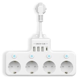 Мережевий фільтр з USB, 4 розетки з індивідуальним вимикачем, 3 USB та 1 Type-C (5V 3.4A) для кухні, вітальні, спальні, офісу