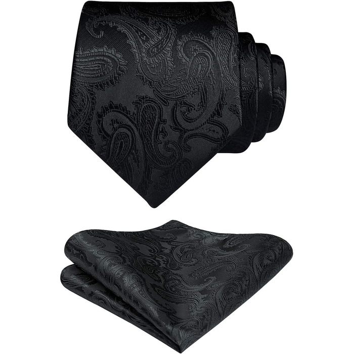 HISDERN Комплект краватки та нагрудного хустинки для весілля, патерн пейслі, жаккард, однотонні кольори, чорний