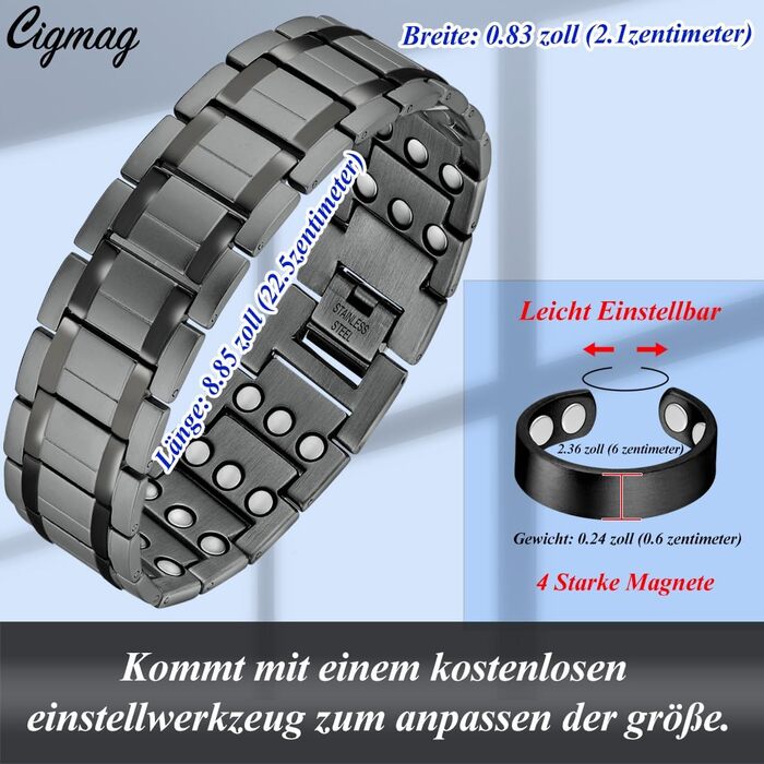 Браслет для лімфодренажу з магнітами для чоловіків, титан, регульований, з інструментом для зняття та подарунковою коробкою (Чорний) (3 ряди сірого кольору)