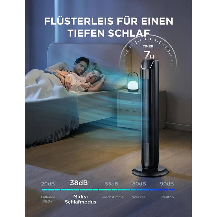 Вентилятор підлоговий Midea FZ10-17JR Tower 92 см з пультом, 3 режими, 3 швидкості, таймер 7 год, чорний