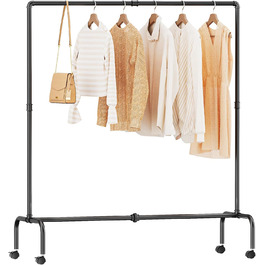 FANHAO Clothing Rack with Wheels, Industrial Heavy-Duty Pipe Clothing Rack, Rollable Garment Rack for Hanging Clothes, 250 lb (113 kg) Weight Capacity, 2 Brakes, Matte Black