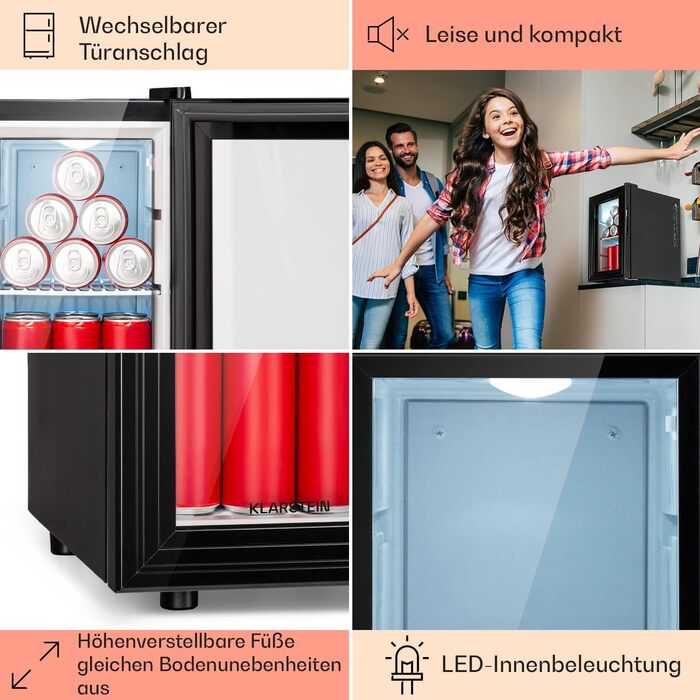 Klarstein Mini Fridge with Glass Door - Beverage, Snack & Cosmetic Cooler, Compact & Quiet, Adjustable Shelves, Skincare Fridge 12-18°C, 42L, Black and White