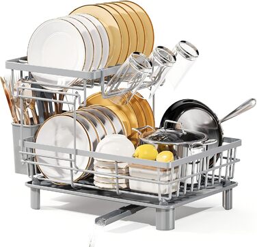 LIONONLY Dish Drying Rack, Small 2-Tier Dish Rack with Drip Tray, Stainless Steel Dish Drying Rack with Utensil Holder, Drink Holder and Swivel Spout, Dish Drying Stand Kitchen
