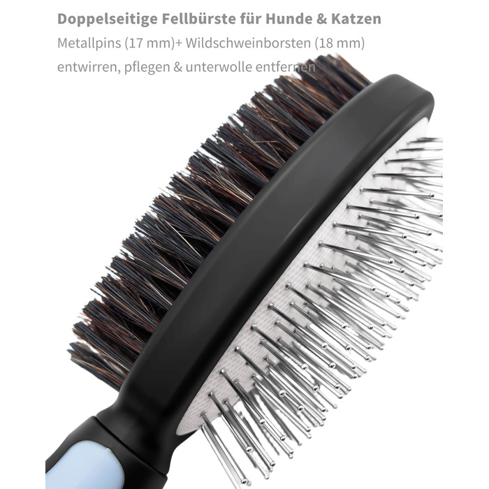 Двостороння щітка для собак та котів - розпушувач для довгої та короткої шерсті, металеві щетинки та натуральна щетина, ергономічна ручка TPR, м'який та ефективний догляд за шерстю (Синьо-Чорний)