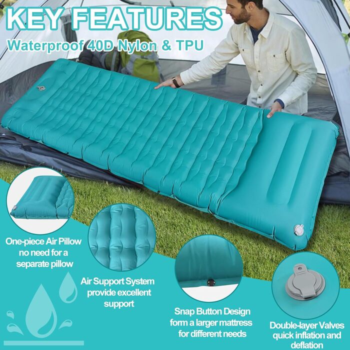 Надувна ізольована каремат для кемпінгу DeeprBling з самонадуваванням та помпою, 200x70x10 см