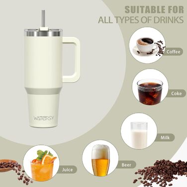 Термокружка для кави та напоїв WATERSY 40oz (591 мл) з нержавіючої сталі, подвійні стінки, без витоку, з ручкою та трубочкою, бежевий