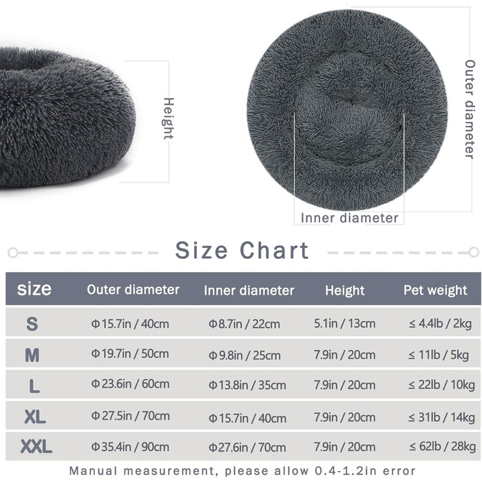М'яке кругле ліжко для собак та котів з плюшу - Donut. Зручне собаче гніздо, кошик для котів. Можливість прання. Розміри S/M/L/XL/XXL (XXL-80cm, L 60 x 60 x 20 cm). Колір: темно-сірий.