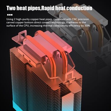 Охолоджувач CPU TZMRIT KF200 з 2 тепловими трубами, RGB LED, чорний, 9 см, 2200 RPM, для LGA115X/1200/17XX/1366, FM1/FM2/AM2/AM3/AM4/AM5