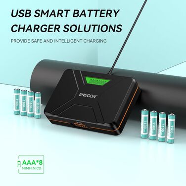 Зарядний пристрій ENEGON 8-Fach LCD для AA/AAA акумуляторів + 8 AAA Ni-MH 1100mAh, USB-C станція для пультів, термометрів та електроніки
