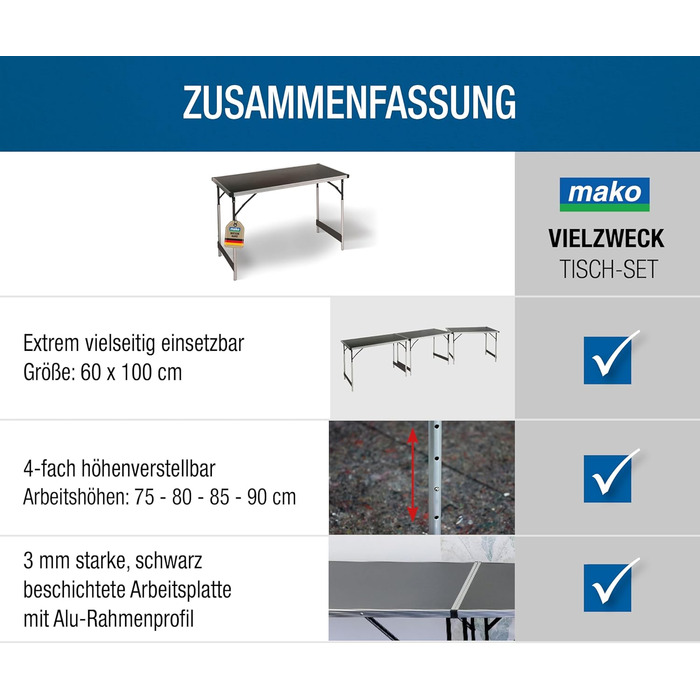 Складний алюмінієвий стіл для кемпінгу з 4 табуретами – міцний, регульований, 100x60x90 см