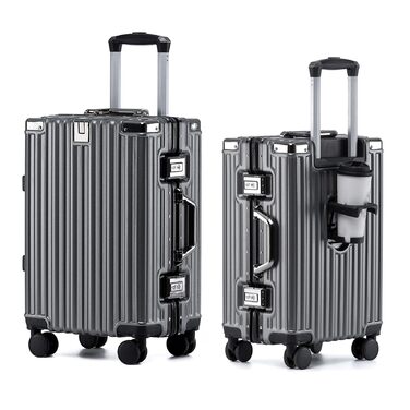 Валіза Aoliwei 67 см, жорсткий корпус з полікарбонату, 65 л, з підстаканником та TSA-замком, 4 колеса, сіра (розмір S)