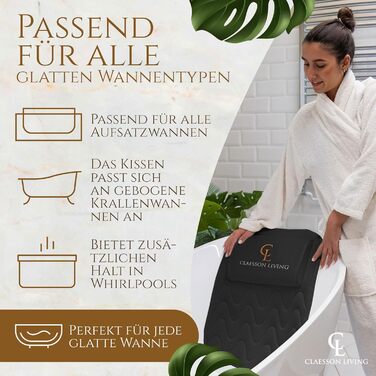 Bathtub Pillow Full Body Bath Pillow (125x43cm) - Bathtub Mat with Headrest Supports Neck, Back, and Legs - Includes Wash Bag and Travel Bag with Hanging Hooks for Quick Drying - White (Black)
