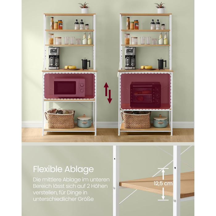 Стелаж кухонний VASAGLE з розетками, 6 полиць, гачки, сталевий каркас, 40x60x167 см, золотий дуб + білий, KKS124Y01 60B