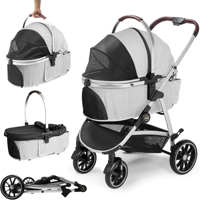 Візок для собак, складаний, до 25 кг, сірий. Алюмінієвий каркас, поворотні колеса, гальма, страхувальний ремінь, м'яке сидіння