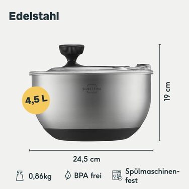 Салатниця-швидкокрутка SILBERTHAL 4,5л з нержавіючої сталі, велика, з протиковзким дном, з ручним приводом та кнопкою зупинки, BPA-free, миюча посудомийна машина