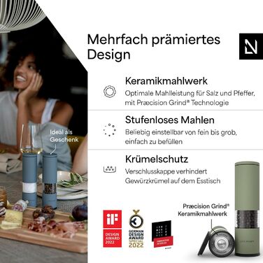 Набір для помелу солі та перцю LARS NYSØM з регульованим керамічним жорном | Набір з 2 штук | Нержавіюча сталь | Дизайн | Зелений колір