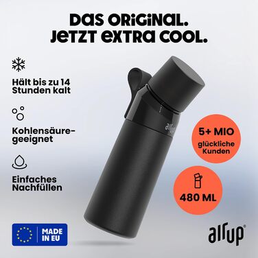 Пляшка air up Steel Starter Set Original з нержавіючої сталі, 480 мл, чорна, ізольована, з 5 безцукровими смаковими капсулами, зберігає холод до 14 годин