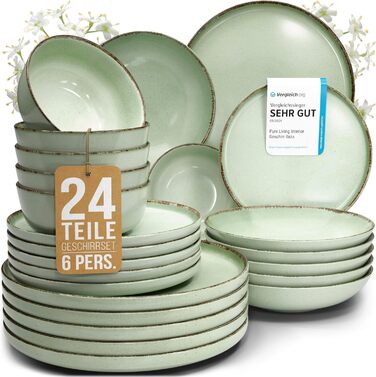 Набір посуду Steingut Rustic 24 шт. для 6 осіб: м'ятно-зелений сервіз Pure Living (м'ятний колір, сільський стиль)