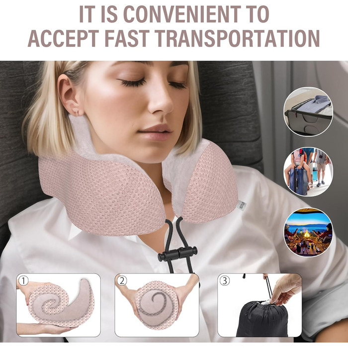 Подушка для шиї Estefanlo для подорожей: автомобіль, літак, офіс. Memory Foam, м'який велюровий чохол (рожевий)