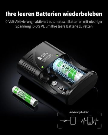 Зарядний пристрій для акумуляторів EBL AA AAA 9V NIMH з 4-ма відсіками, смарт-зарядка, LED-дисплей, швидка зарядка (з набором акумуляторів)
