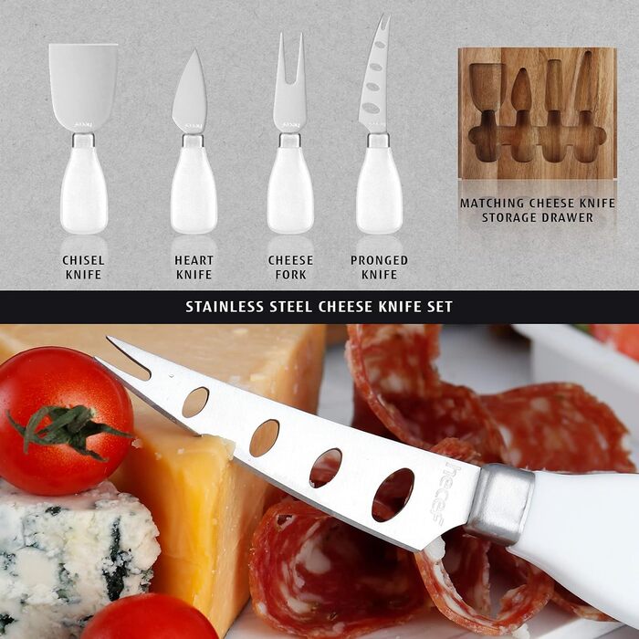 hecef Cheese Board Set, Acacia Wood, Square Cheese Board with 2 Pull-Out Drawers & Cutlery Set & Snack Plates & Marble Cheese Slate