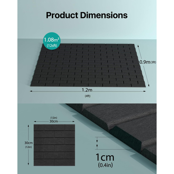 Самоклеючі акустичні панелі для шумоізоляції стін, звукопоглинаючі плити цегляного типу, 30x30x0.9 см, чорні, 12 шт (4 кг)