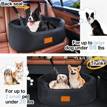 Dog Car Seat for Medium/Large Dogs (Up to 25 kg) or 2 Small Dogs - with Safety Leashes & Washable Cushion - Black Rear Seat Cover