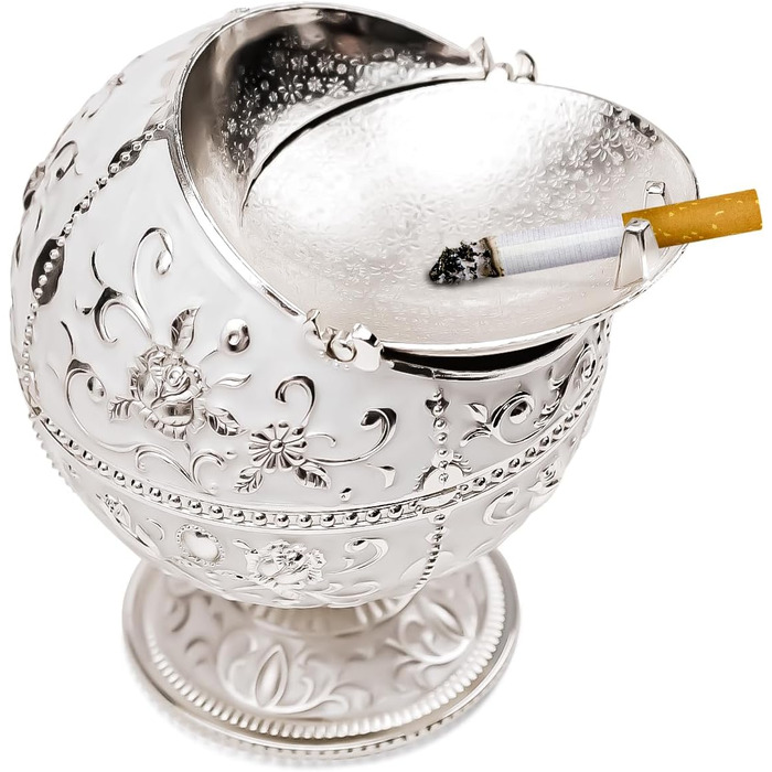 Kepfire Vintage Metal Ashtray with Lid, Globe Style, European Hotel Living Room Office Artwork, Windproof Ashtray, Creative Decor - Silver Rim, Rose Design