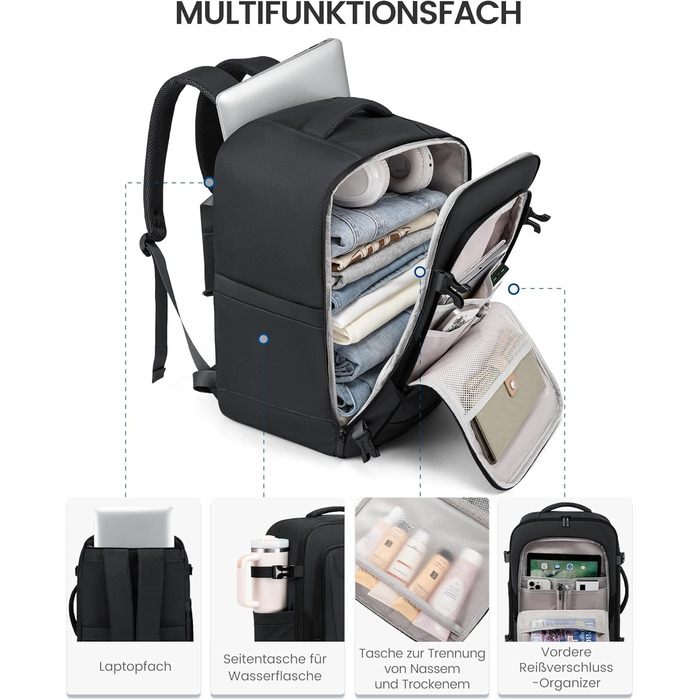 LOVEVOOK Рюкзак для ручної поклажі, 40L, для подорожей, ноутбук 17.3