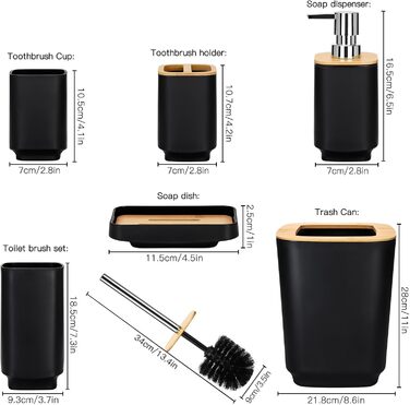 Набір аксесуарів для ванної кімнати JOTOM з бамбука, 6 шт. Сучасний дизайн: дозатор для мила, тримач для зубних щіток, стакан, мильниця, тримач для туалетного йоржика, сміттєве відро. Сірий колір