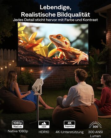 Smart проєктор Aurzen Boom Air Mini Beamer з Google TV та Netflix, 4K, USB-C, Dolby Audio, WiFi, Bluetooth, TOF автофокус, обертовий стійкий, кремовий