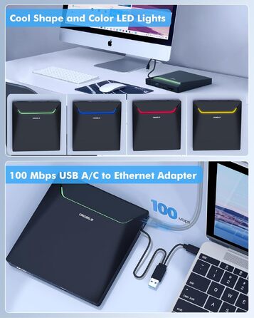 Зовнішній DVD-накопичувач ORIGBELIE з RJ45 Ethernet-адаптером та USB 3.0 хабом (3 USB, 2 TF/SD), зовнішній CD-записувач для ноутбука, MacBook, PC Windows, Linux, Mac OS, з сумкою для перенесення