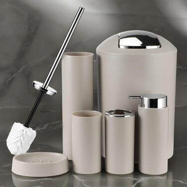 Набір аксесуарів для ванної кімнати 6tlg Badset: мильниця, стакан для зубних щіток, відро для косметики, щітка для унітазу з тримачем, мильниця, сміттєвий бак, тримач для зубних щіток, набір для ванної кімнати (бежевий дизайн 2a)