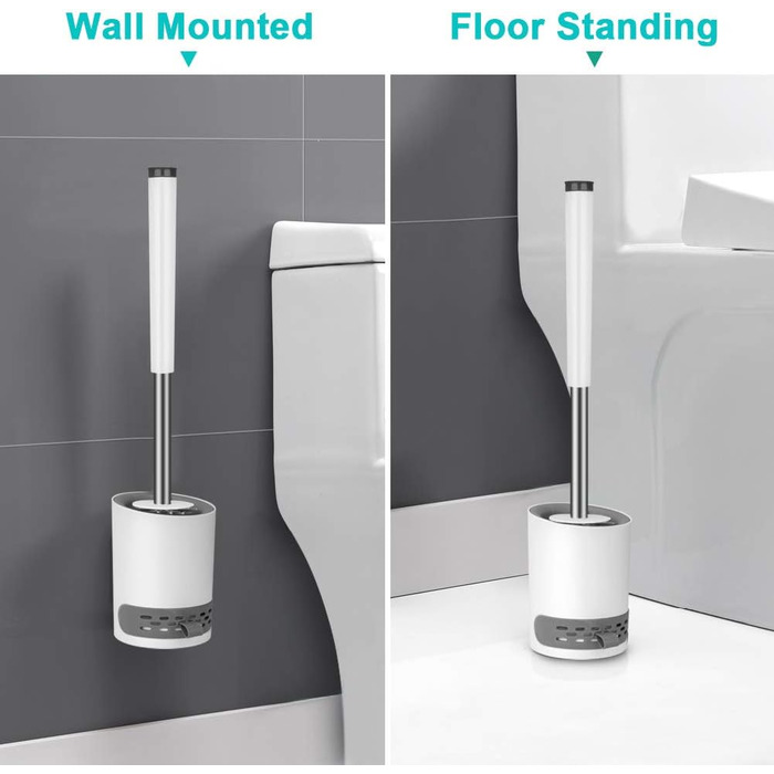 Набір для туалету: щітка з тримачем Silikon, довга ручка, швидке висихання, для ванної кімнати/гостьового WC, монтаж на стіну/стоячи (білий & чорний)