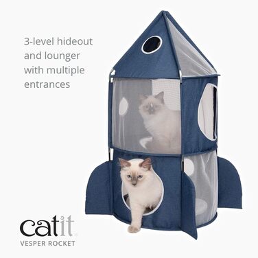 Catit 42001 Vesper Tower, rocket-shaped, with sleeping cushion, for cats, blue