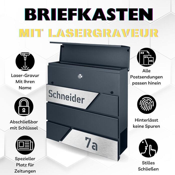 Поштовий ящик з газетницею з нержавіючої сталі, настінний, з замком та гравіюванням (срібний)
