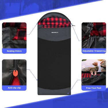 Сплячий мішок WKFAMOUT Ultralight для кемпінгу та подорожей, чорний, 220x80 см, R-Zip, Flanell