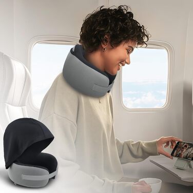 Подушка для шиї у літак з капюшоном, Memory Foam, сіра. Подушка для подорожей, авто, дорослих. З навушниками.