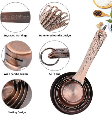 Zoyizi Measuring Cup and Spoon Set, 12-Piece, Copper Measuring Cups and Spoons for Kitchen and Baking, Dry and Liquid Metal Measuring Cups, Cute Metric 5 Measuring Cups, 6 Spoons, and 1 Leveler