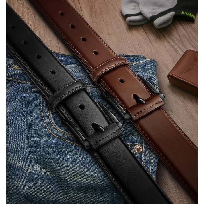 Чоловічий ремінь KEMISANT 2 шт. – шкіряний ремінь для чоловіків, повсякденний, для гольфу, до джинсів, 3,5 см, 2 шт. в упаковці, чорний/кавовий, розмір 63-110 см